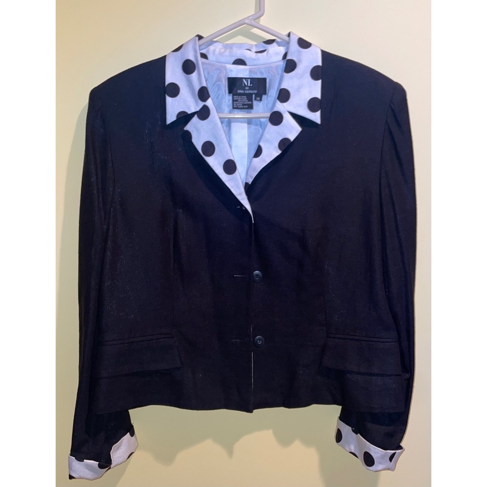 Nina Leonard Black Linen Blend Polka Dot Trim Blazer Jacket Womens 14